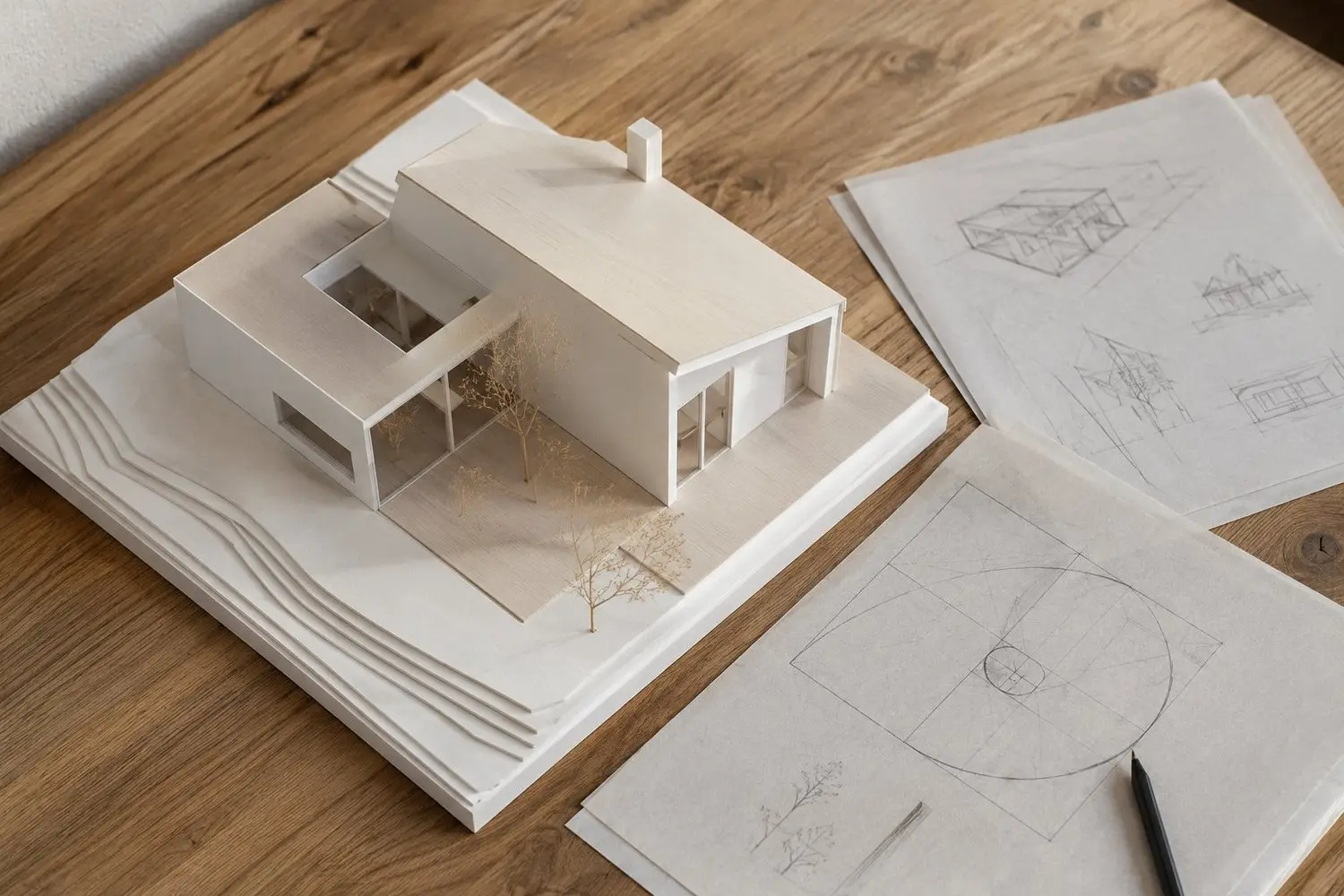 Maqueta y bocetos sobre una mesa de trabajo
