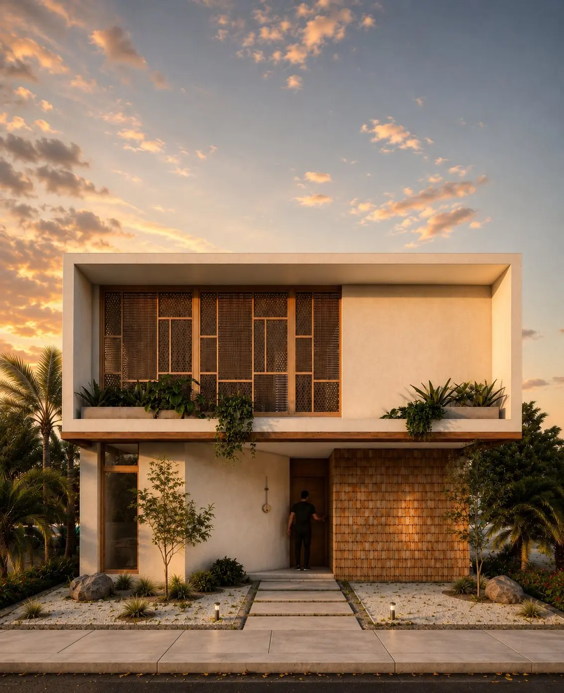 Casa Amawi, fachada al atardecer