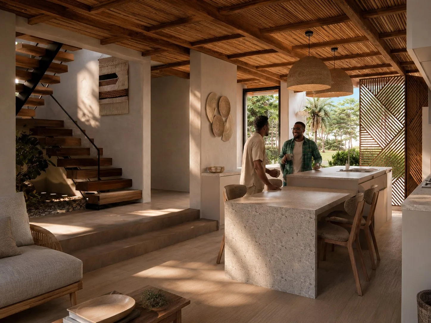 Casa Apolo, sala y escalera flotante