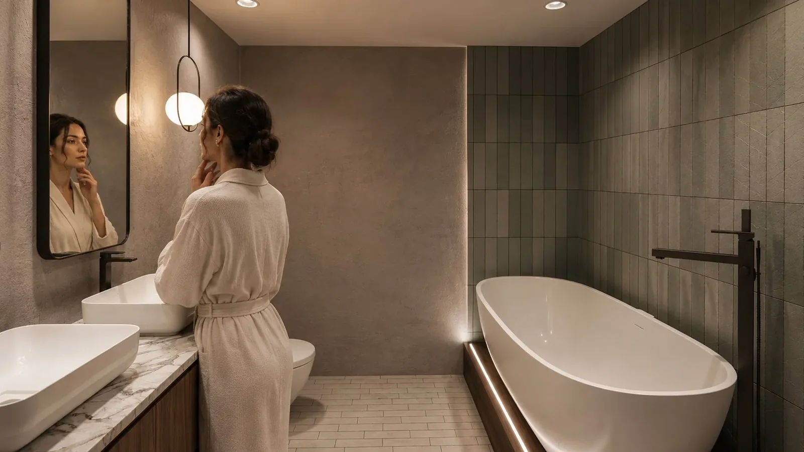 Baño con bañera exenta y luz cálida