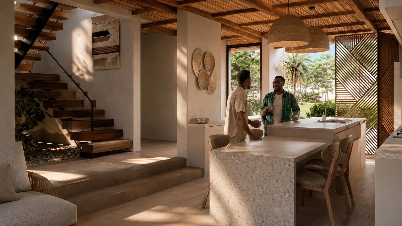 Interior con escalera de madera y cocina abierta